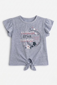 Girls Grey Flower Star Modern Graphic Cotton T-Shirt