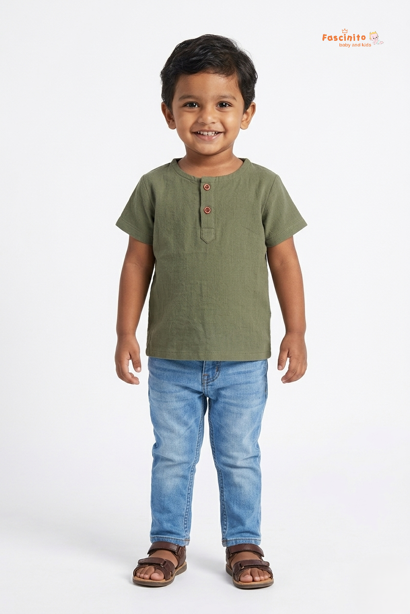 Boys Cotton T-Shirt – Sage Green Button Detail Casual Tee