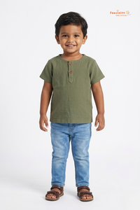 Boys Cotton T-Shirt – Sage Green Button Detail Casual Tee