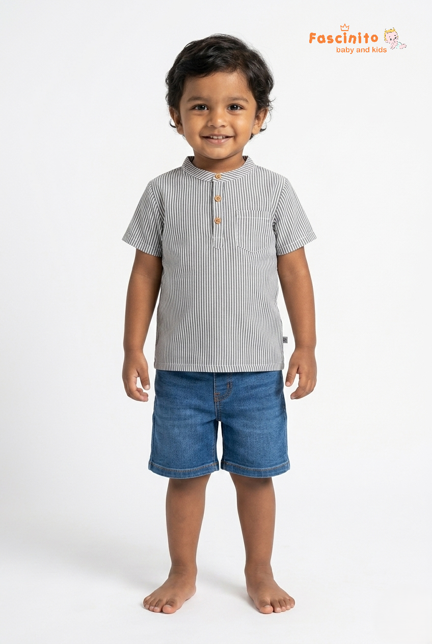 Boys Henley Shirt – Navy White Striped Mandarin Collar Top