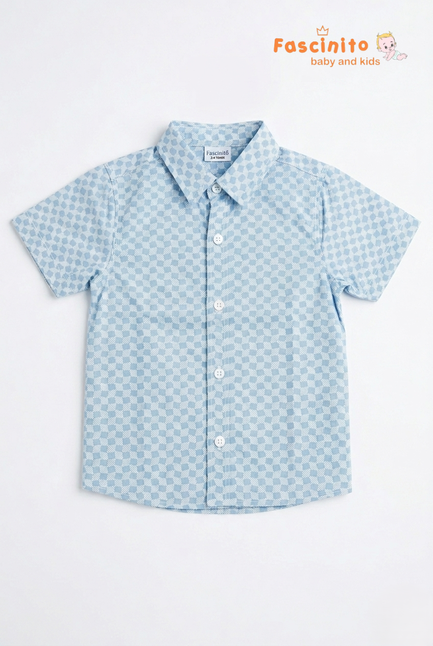 Boys Printed Shirt – Blue Geometric Half Sleeve Cotton Shirt
