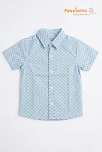 Boys Printed Shirt – Blue Geometric Half Sleeve Cotton Shirt