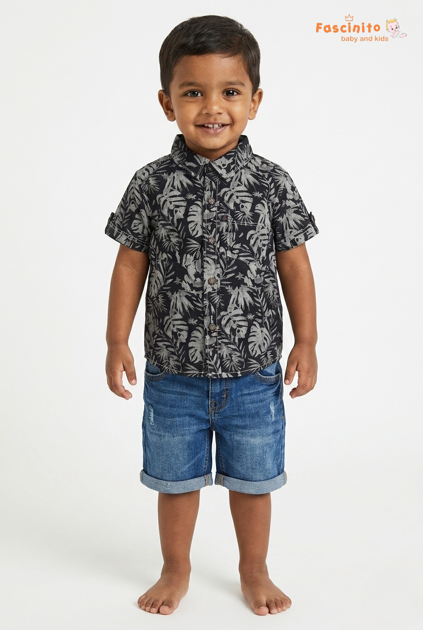 Boys Printed Shirt – Black Tropical Leaf Cotton Shirt