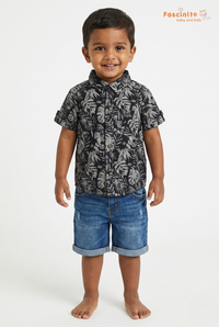 Boys Printed Shirt – Black Tropical Leaf Cotton Shirt