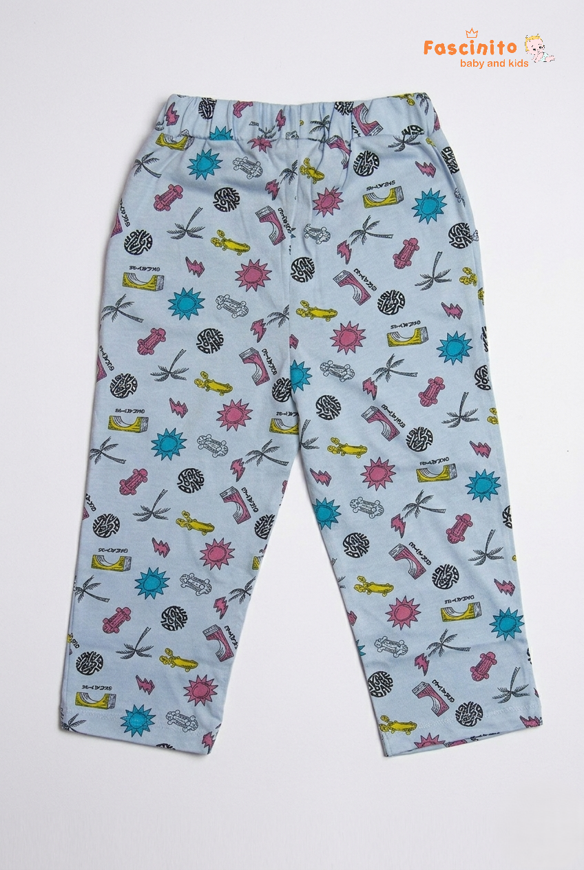 Girls Cotton Pants – Light Blue Printed Casual Bottom