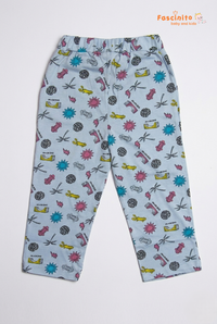 Girls Cotton Pants – Light Blue Printed Casual Bottom