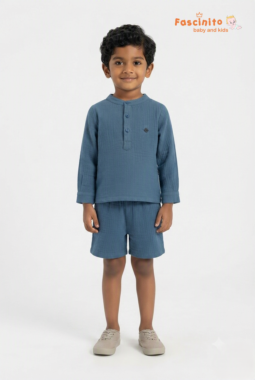 Boys Muslin Co-Ord Set – Blue Mandarin Collar Shirt & Shorts Set