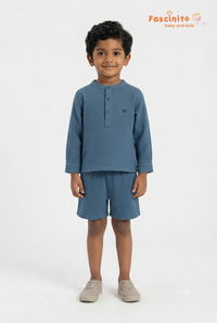 Boys Muslin Co-Ord Set – Blue Mandarin Collar Shirt & Shorts Set