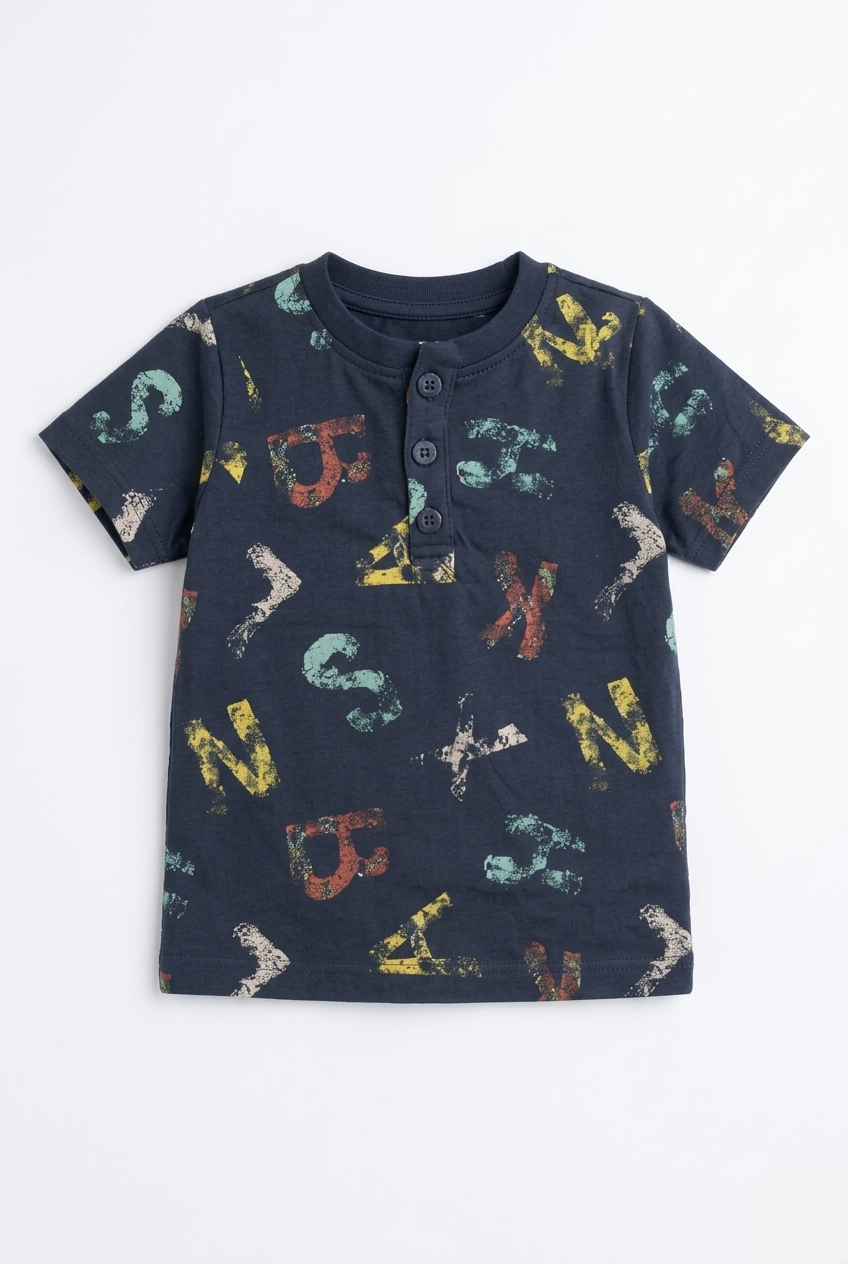 Boys Navy Blue Henley Typographic Print T-Shirt