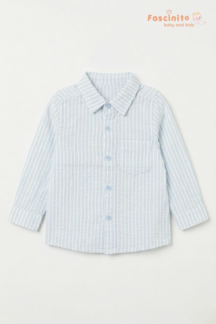 Boys Seersucker Striped Shirt – Light Blue & White Cotton Shirt