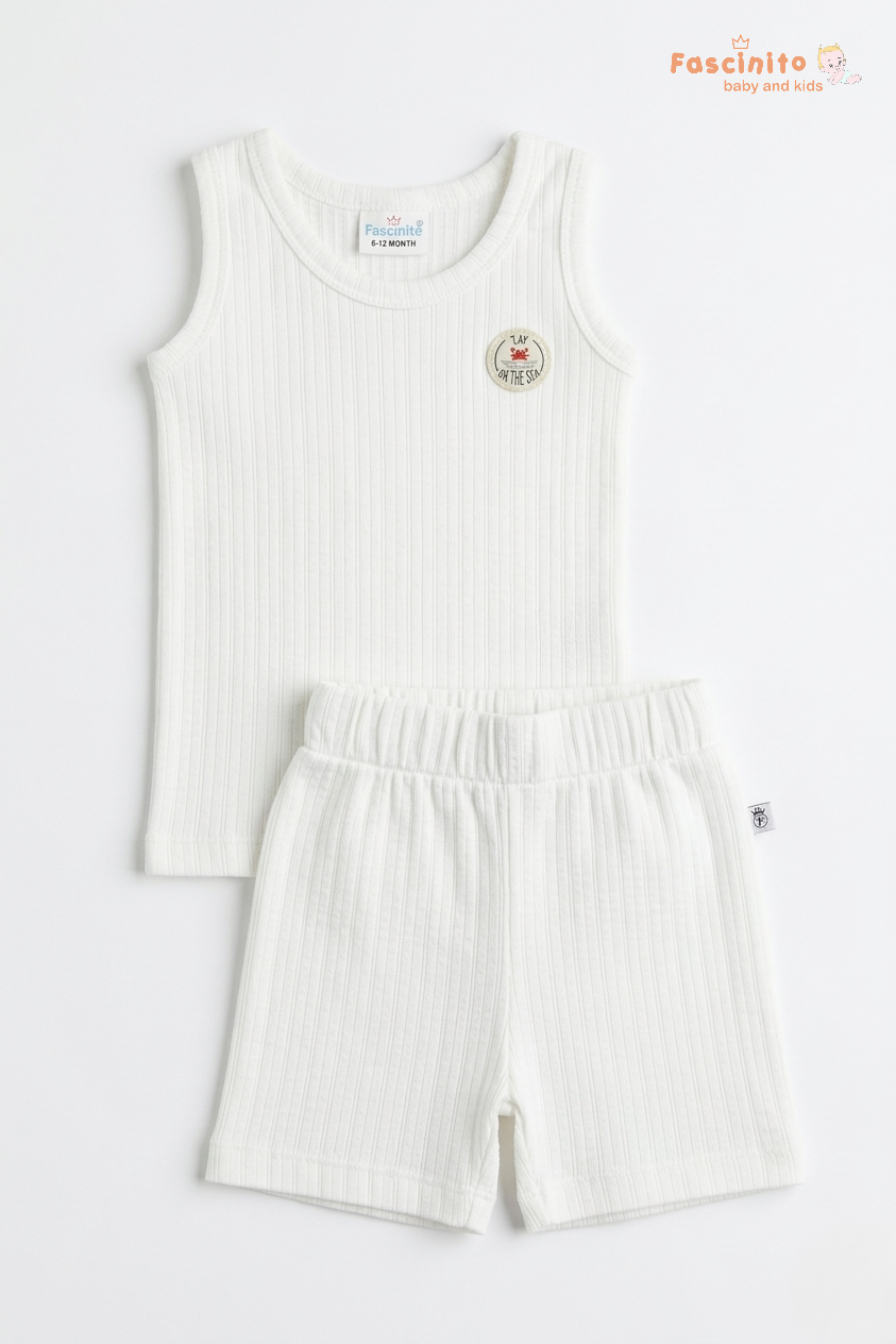 Boys Sleeveless Set – Cotton Vest & Shorts Summer Outfit (White)