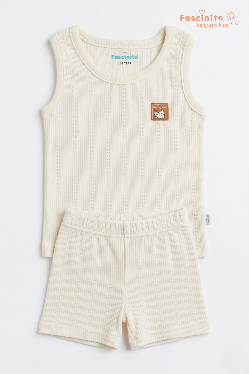 Boys Sleeveless Set – Cotton Vest & Shorts Summer Outfit (Beige)