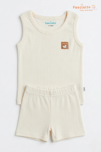 Boys Sleeveless Set – Cotton Vest & Shorts Summer Outfit (Beige)