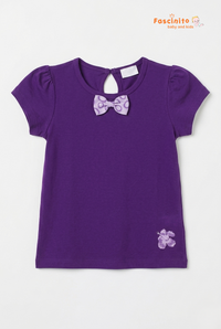 Girls Cotton T-Shirt – Purple Puff Sleeve Bow Detail Tee