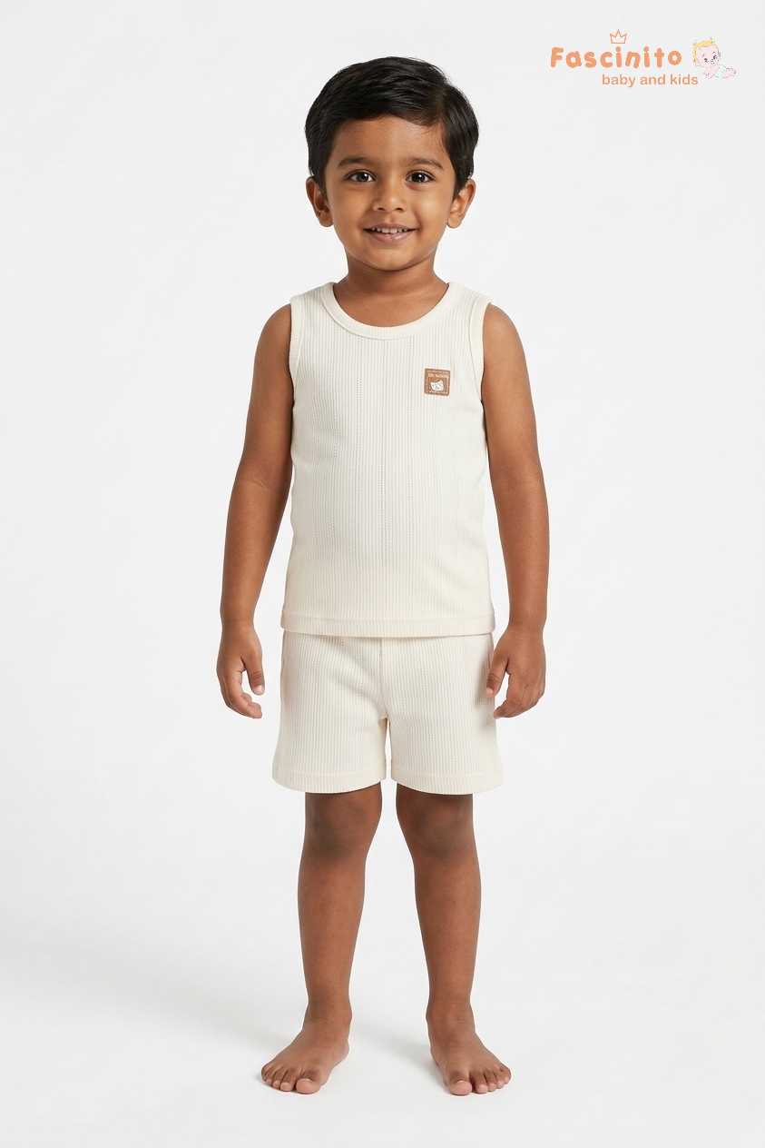 Boys Sleeveless Set – Cotton Vest & Shorts Summer Outfit (Beige)