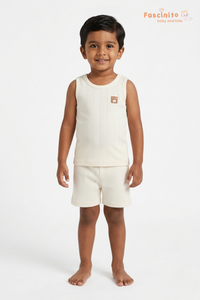 Boys Sleeveless Set – Cotton Vest & Shorts Summer Outfit (Beige)