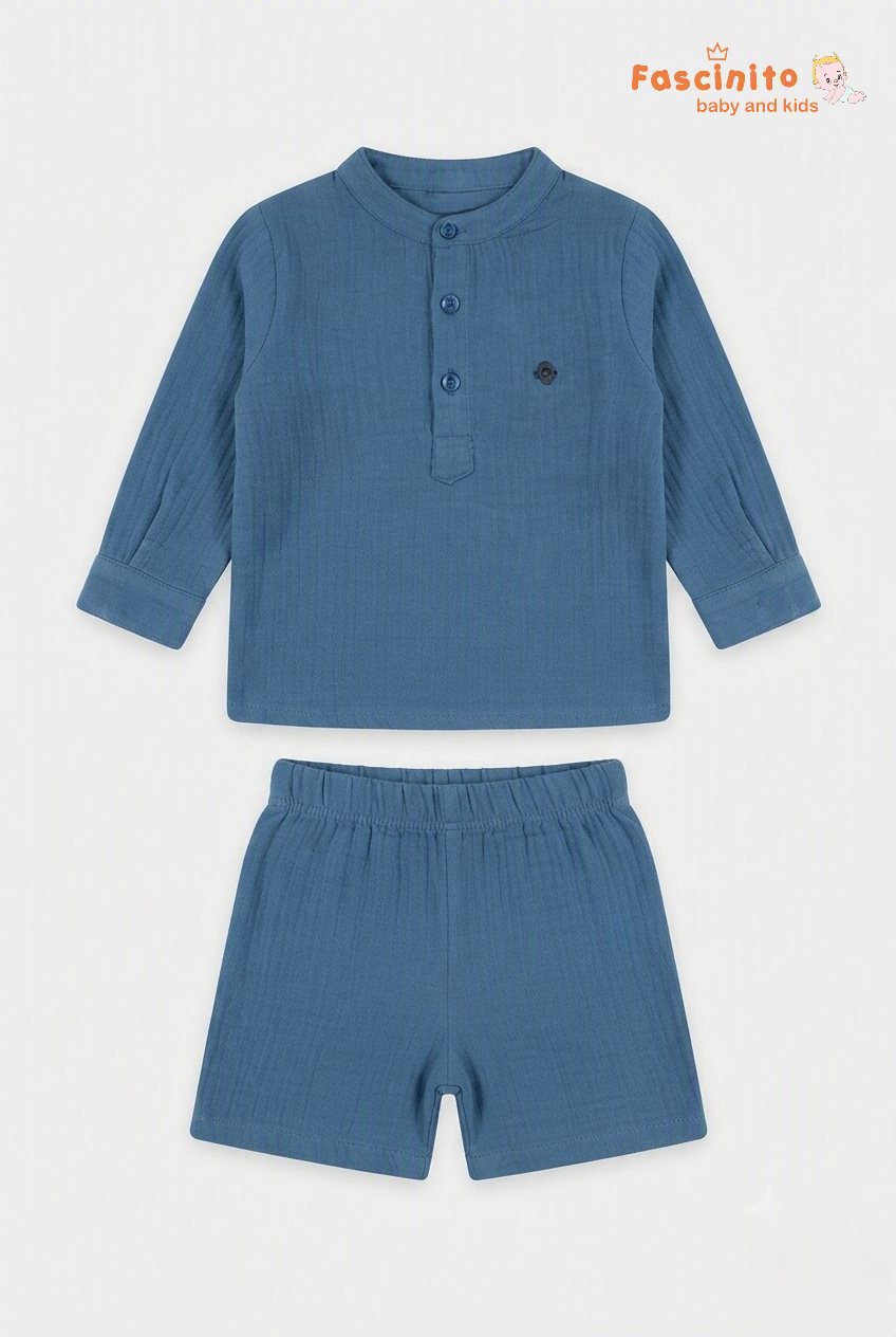 Boys Muslin Co-Ord Set – Blue Mandarin Collar Shirt & Shorts Set
