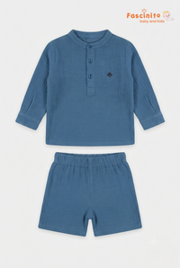Boys Muslin Co-Ord Set – Blue Mandarin Collar Shirt & Shorts Set