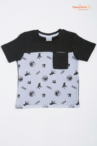 Boys Cotton T-Shirt – Grey White Dino Print Color Block Tee