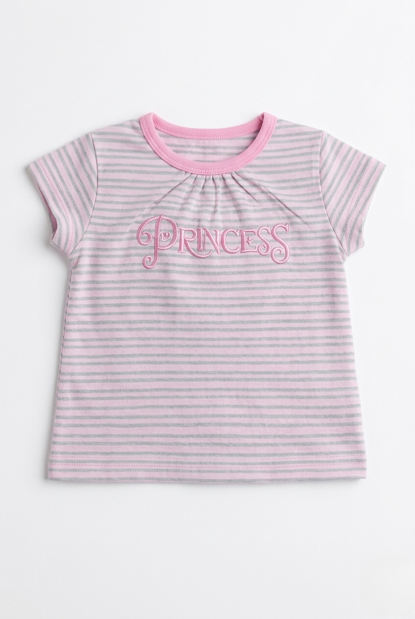 Girls Pink Princess Embroidered Stripe Cotton T-Shirt