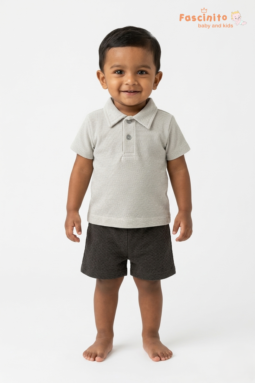 Boys Coord Set – Beige & Navy Polo T-Shirt with Shorts