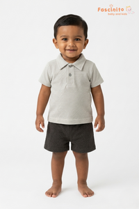 Boys Coord Set – Beige & Navy Polo T-Shirt with Shorts