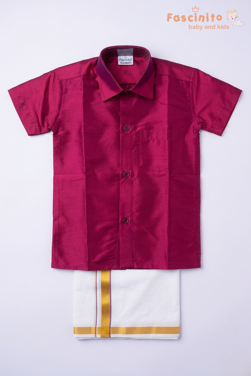 Boys Dhoti Set – Maroon Silk Look Ethnic Wear with Zari Border
