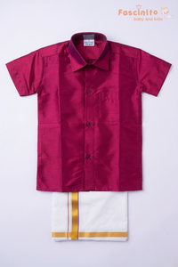 Boys Dhoti Set – Maroon Silk Look Ethnic Wear with Zari Border