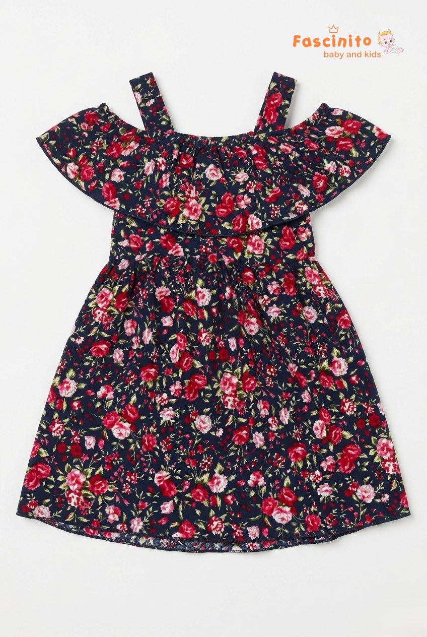 Girls Floral Frock – Navy Rose Print Cold Shoulder Dress