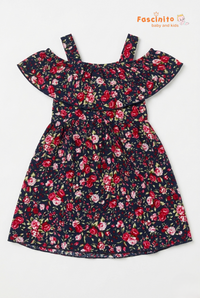 Girls Floral Frock – Navy Rose Print Cold Shoulder Dress