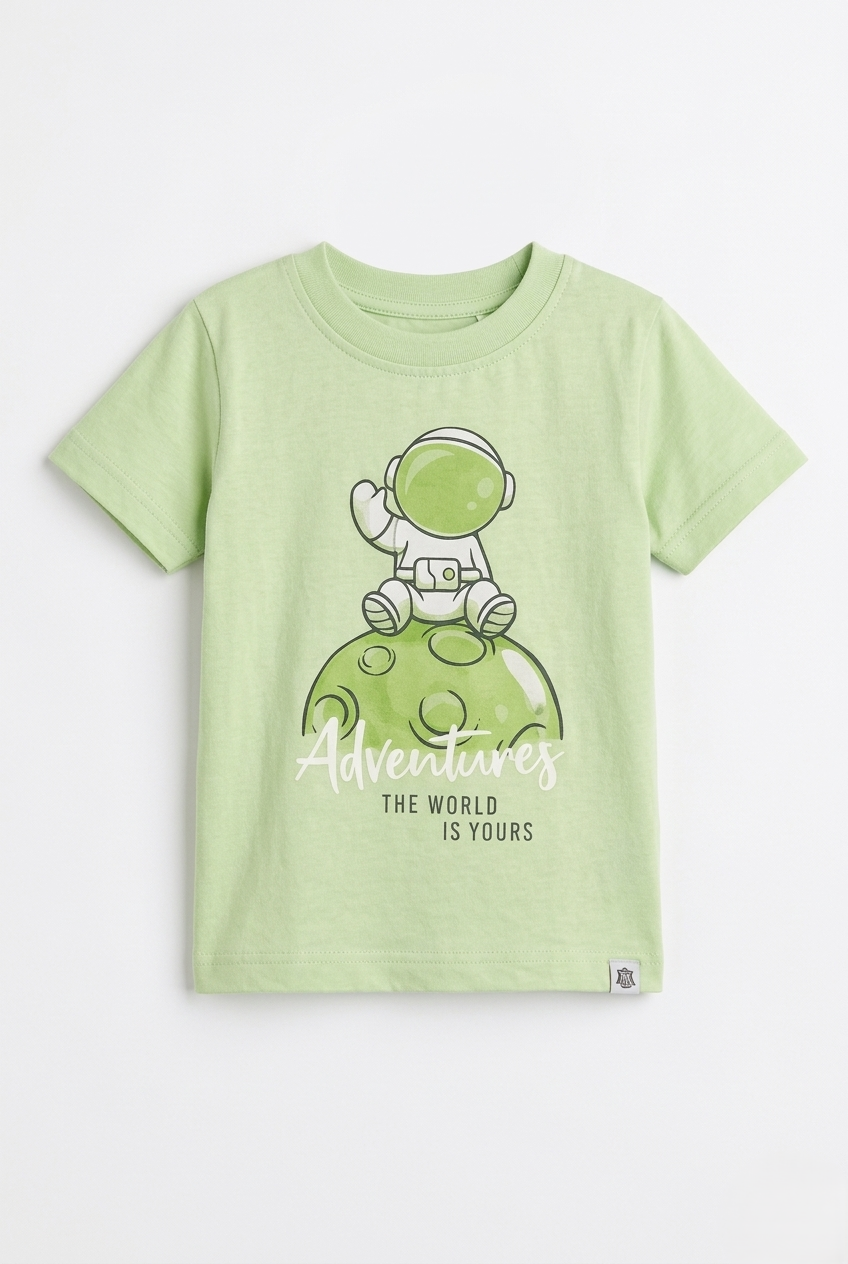Boys Light Green Astronaut Graphic Cotton T-Shirt