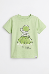 Boys Light Green Astronaut Graphic Cotton T-Shirt