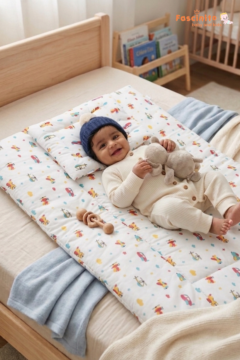 Baby Quilted Bed – Soft Cushioned Long Baby Bed (White toy Print)