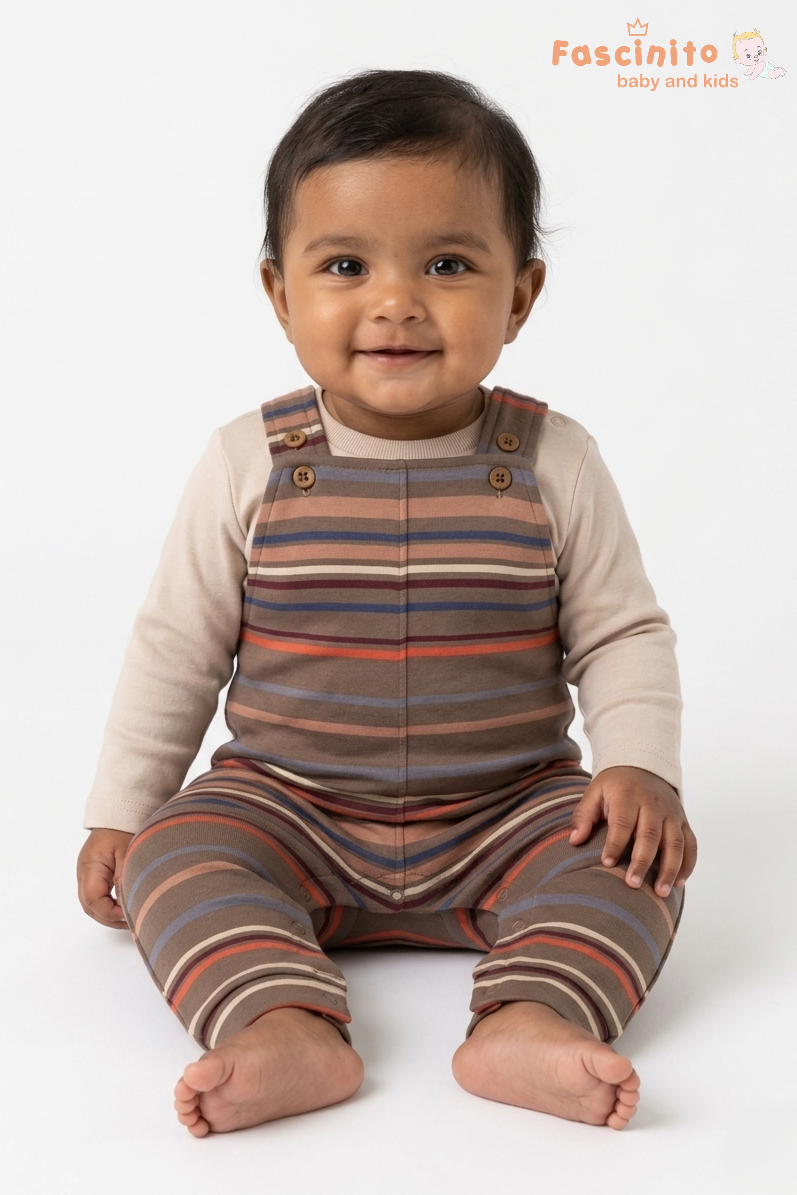 Baby Cotton Dungaree Set – Brown Striped Outfit with Full Sleeve Inner