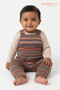 Baby Cotton Dungaree Set – Brown Striped Outfit with Full Sleeve Inner