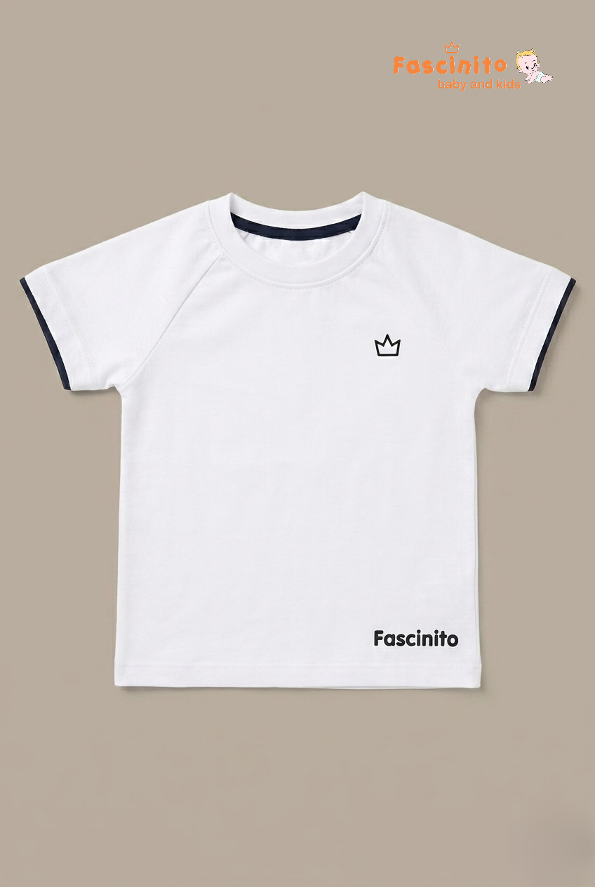 Boys Cotton T-Shirt – White Raglan Style Fascinito Print Tee