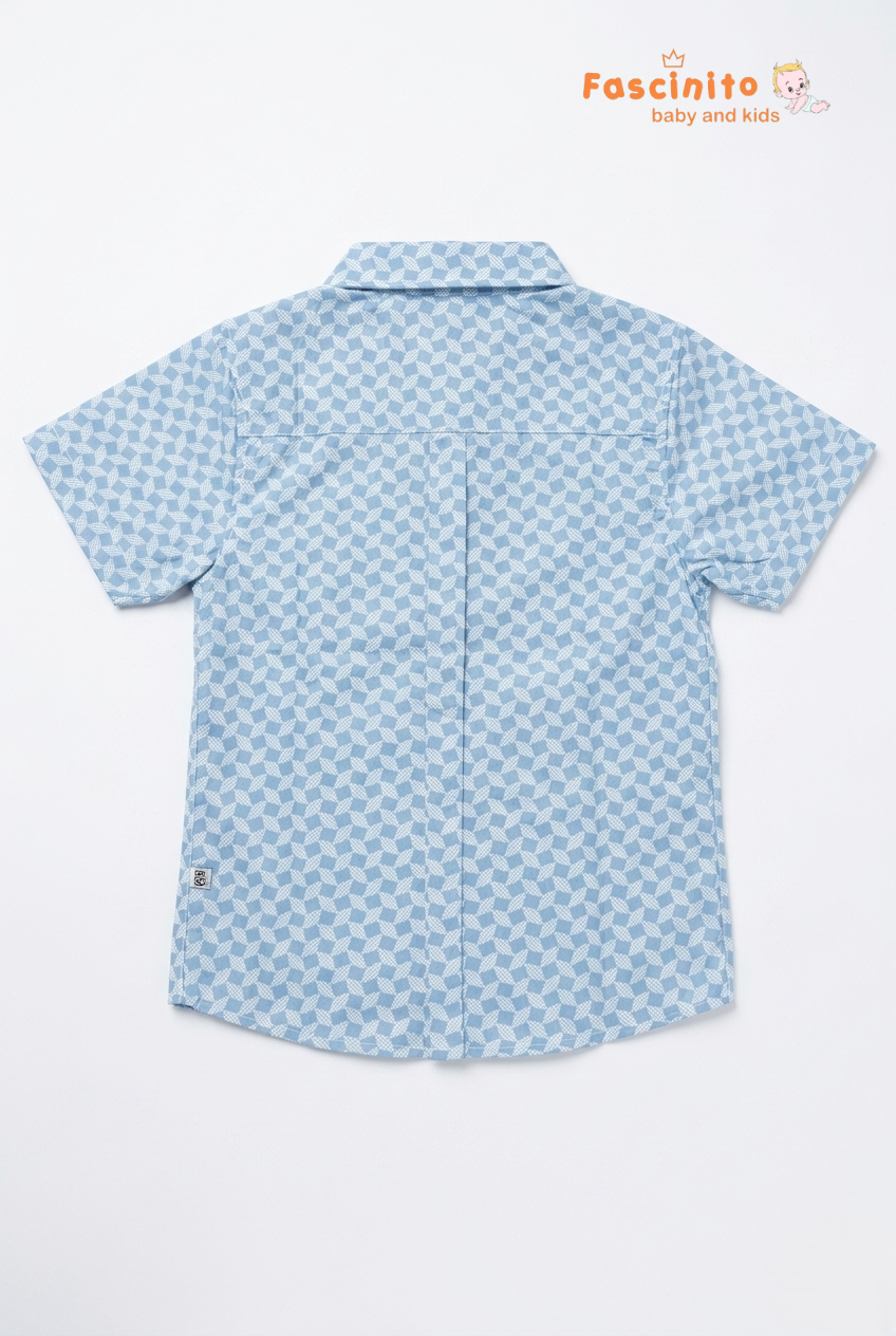 Boys Printed Shirt – Blue Geometric Half Sleeve Cotton Shirt