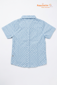 Boys Printed Shirt – Blue Geometric Half Sleeve Cotton Shirt
