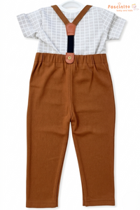 Boys Suspender Set – Grey Check T-Shirt with Brown Pants Outfit