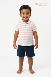 Boys Coord Set – Pink Striped Polo T-Shirt with Navy Shorts