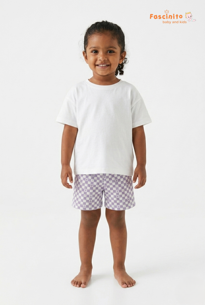 Girls Checkered Shorts – White & Purple Heart Print Shorts