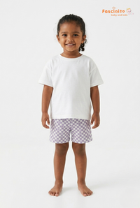 Girls Checkered Shorts – White & Purple Heart Print Shorts