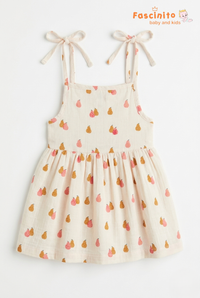 Girls Knotted Frock – Beige Pear Print Sleeveless Dress