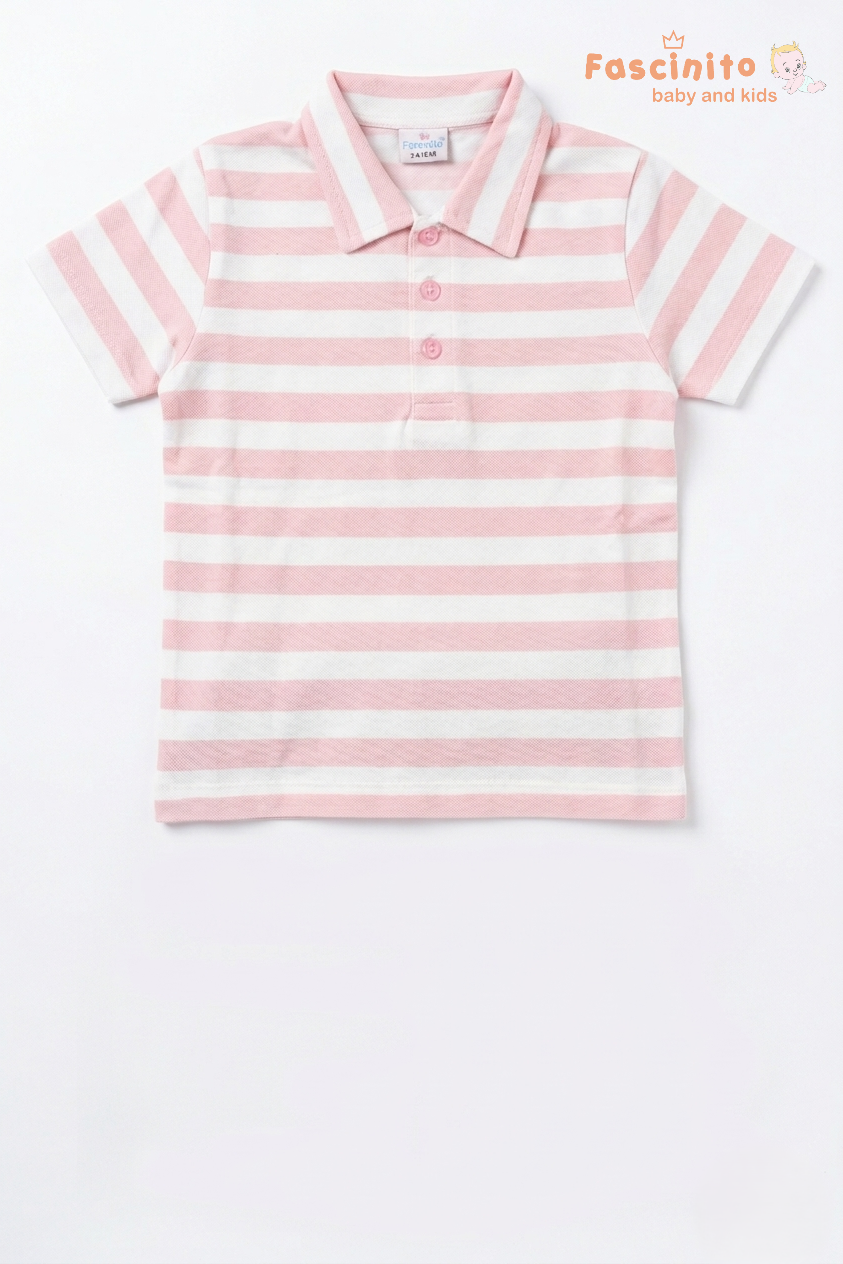 Boys Coord Set – Pink Striped Polo T-Shirt with Navy Shorts