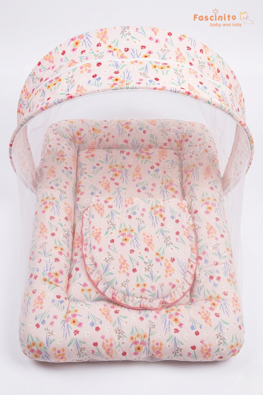 Baby Mosquito Bed – Foldable Portable Net Bed with Cushion (Pink)