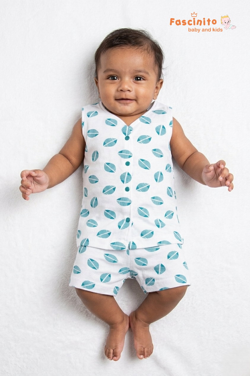 Baby Jhabla Set – White Leaf Print Sleeveless Top & Shorts