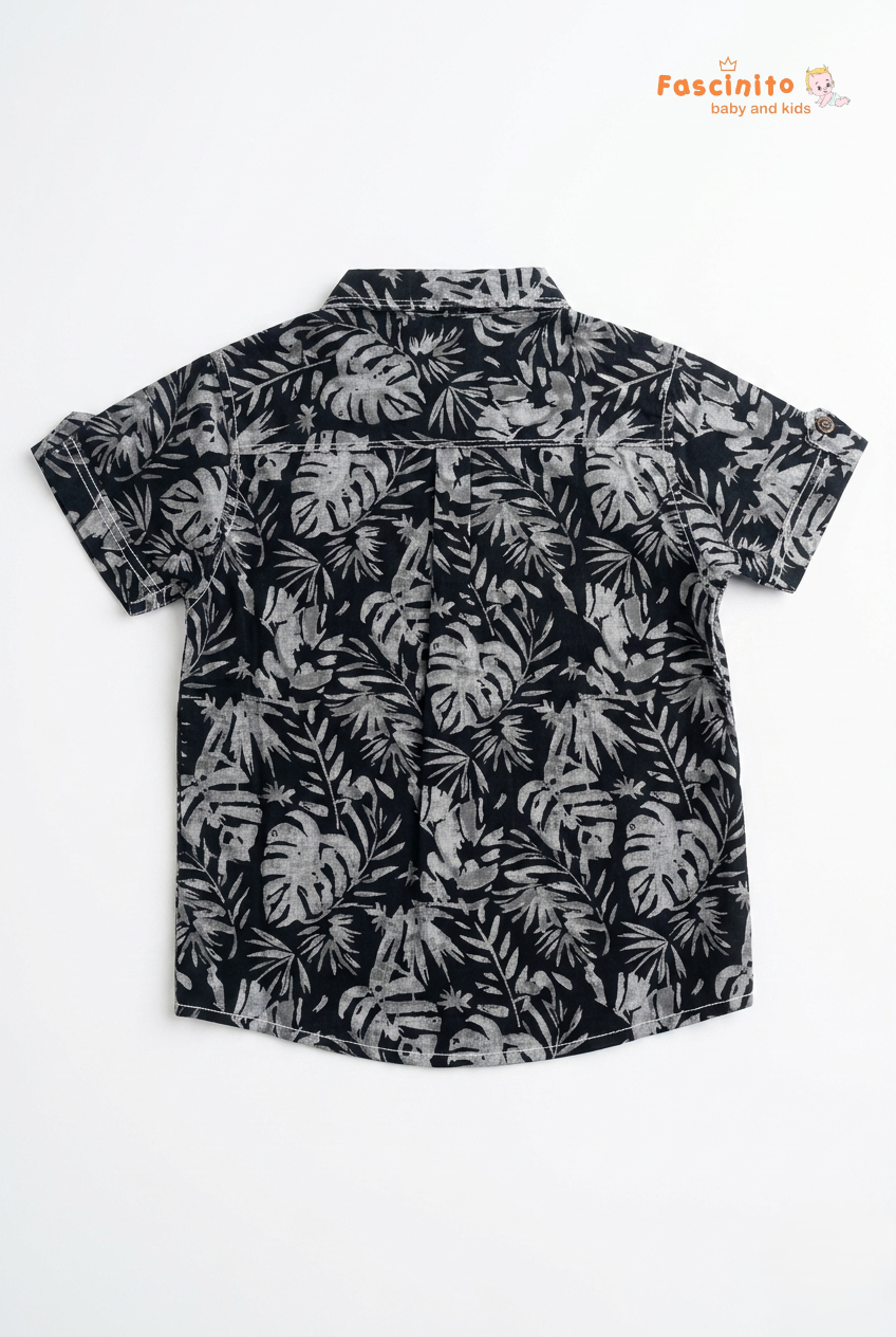Boys Printed Shirt – Black Tropical Leaf Cotton Shirt