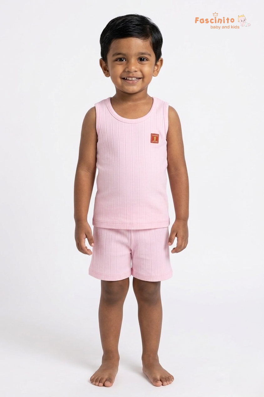Boys Sleeveless Set – Cotton Vest & Shorts Summer Outfit (Pink)