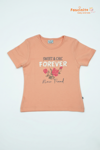 Girls Cotton T-Shirt – Light Orange Floral Print Casual Tee