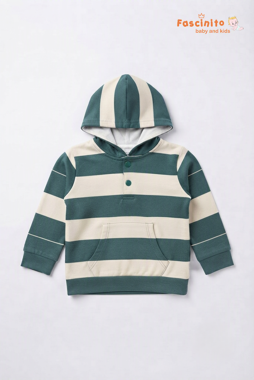 Hooded Co-Ord Set – Green & Off White Striped Hoodie and Pants Set